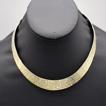 90's Mexico 925 silver vermeil graduated torque necklace, hammered gold wash sterling tribal collar choker 
