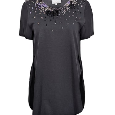 3.1 Phillip Lim - Black Short Sleeve Tulip Hem w/ Beaded Neckline Detail Top Sz M