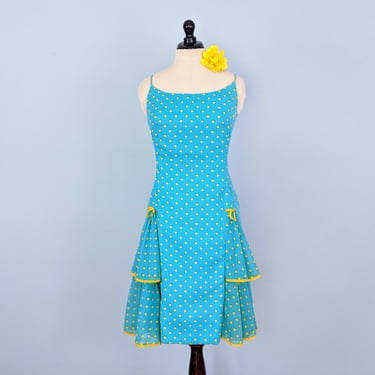 Vintage 60s Blue Polka Dot Day Dress, 1960s Size Medium Sundress 