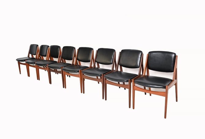 Arne Vodder Vamo 8 Teak Dining Chairs Black Leather Danish Modern 