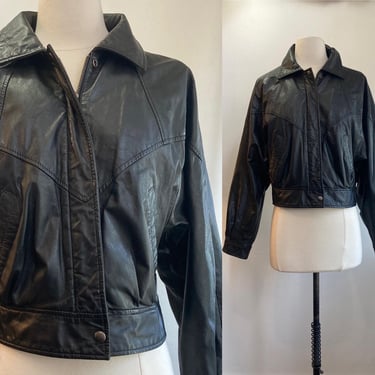 Vintage 80s Leather BOMBER Jacket / Slouchy Fit / BATWING Sleeve + Covered Zip / Snap Waist + Cuffs  / Pockets / Byrnes & Baker 