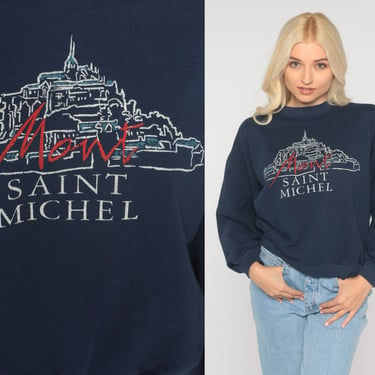 Mont Saint Michel Sweatshirt -- 90s Normandy France Sweatshirt Slouchy Vintage Crewneck 1990s Sweatshirt Europe Tourist Navy Blue Small S 