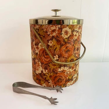 Vintage Floral Ice Bucket Handle Autumn Brown Orange Barware Mid-Century Drinks Tongs Bar 1960s 