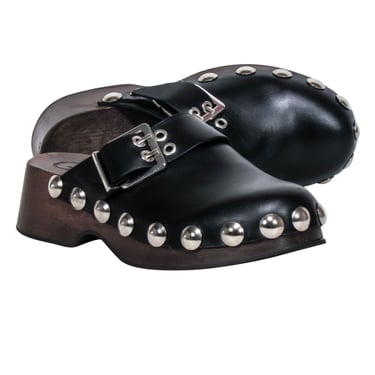 Ganni - Black Leather Clogs w/ Silver Round Studs Sz 6