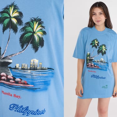 Manila Philippines Shirt Y2K Blue Graphic Tshirt Dress Filipino T Shirt Vintage 00s Tee Tropical Palm Tree Travel Souvenir Medium 