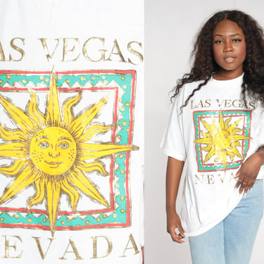 Las Vegas Shirt 90s Celestial T-Shirt Metallic Sun Graphic Tee Retro Nevada Tourist Travel TShirt Cosmic White Vintage 1990s Jerzees Large L 