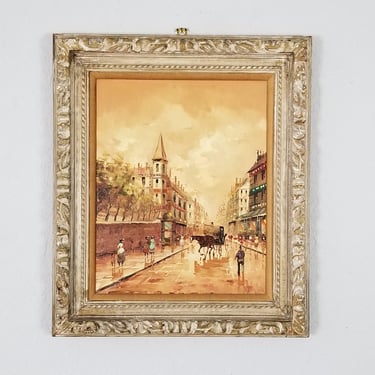 Vintage French Paris Street Scene Oil on Canvas Painting, Signed 
