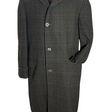 Vintage 1950s/1960s SQUIRE SHOP Wool Tweed Balmacaan Overcoat ~ size 38 to 40 R ~ Trench Coat / Topcoat ~ Glen Plaid 