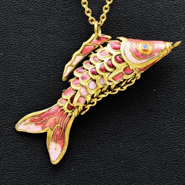 60's cloisonne articulated koi fish pendant, red hues enamel on metal gold plate Asian carp necklace 