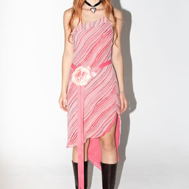 Y2K Pink Silk Striped Asymmetrical One Shoulder Dress