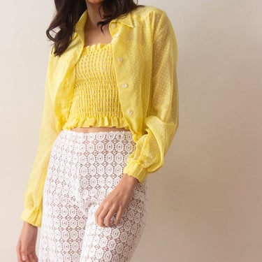 1970s Yellow Swiss Dotted Smocked Top And Cropped Jacket 