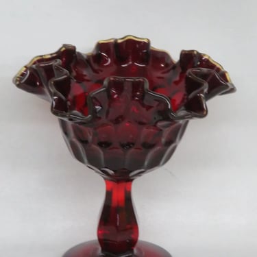 Fenton Thumbprint Compote Bowl Ruby Red Yellow Crest Double Crimped Rim 3857B