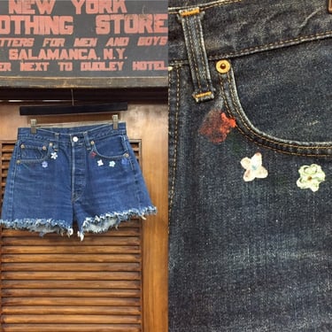 Vintage 1970’s Levis’s 501 Denim Cut Offs, Custom Vintage, Hand Painted, Floral Design, Vintage Clothing 