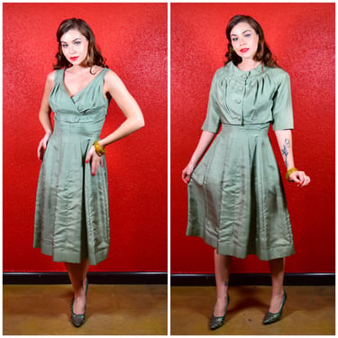 1950s Green Cotton Dress and Bolero 
