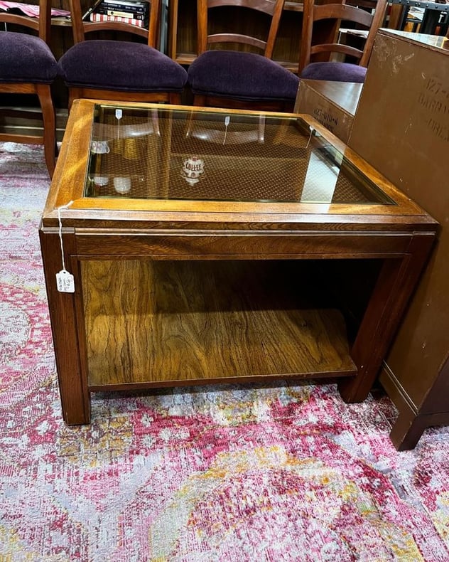 Smoked glass and cane Lane side table. 28” x 28” x 20.5” 