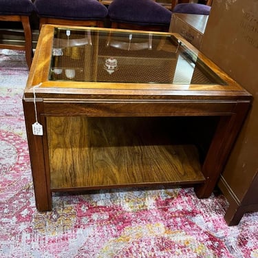 Smoked glass and cane Lane side table. 28” x 28” x 20.5” 