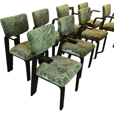 8 Thonet 1940s Armed Dining Chairs Art Deco Mohair & Black Lacquer