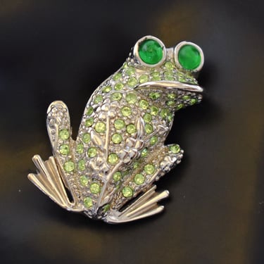 Atomic 60's green rhinestone silver plated metal frog & flowers pin, wide mouthed bug-eyed mid-century frog bling brooch 