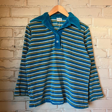 Small Med, Vintage 1960s Penneys Striped Cotton Velour Polo Shirt 