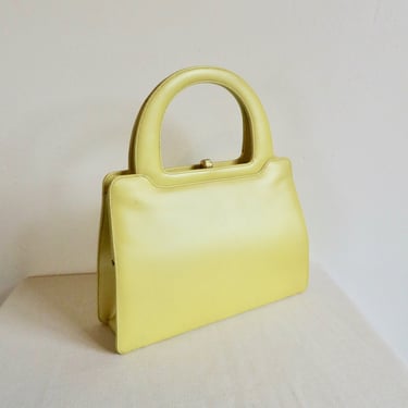 Vintage 1960's Mod Yellow Leather Structured Purse Top Handle BagGold Clasp Hardware Retro 60's Handbags Spring Summer Andrew Geller 