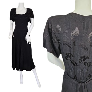 1990's Carol Little Black Rayon Embossed Art Deco Style Dress I Sz Med 