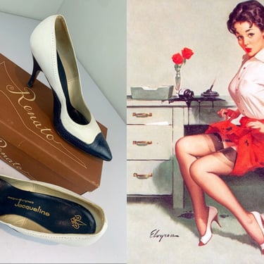 Sky High She Flew - Vintage 1950s 1960s Navy Blue & White Leather Spectator Pumps Shoes Heels - 7B 