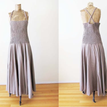 Vintage 90s Bis Bis Tan Khaki Cotton Maxi Dress L  - 1990s Spaghetti X Strap Smocked Chest Sundress Full Skirt 
