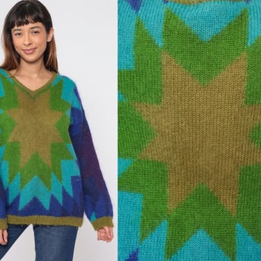 70s Geometric Knit Sweater Vintage Star Sweater V Neck Wool Acrylic Blend Colorful Starburst Design 1970s Fuzzy Jumper Purple Green Large L 