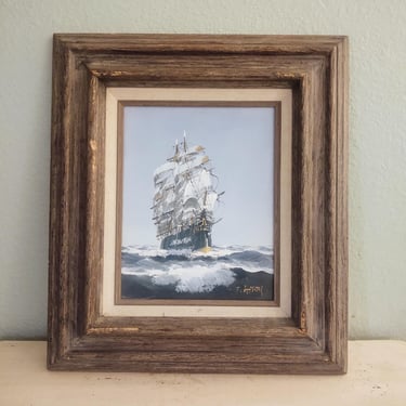 Vintage 16 x 14 Original Oil Painting with Wood Framed Ship Sea Nautical Ocean 