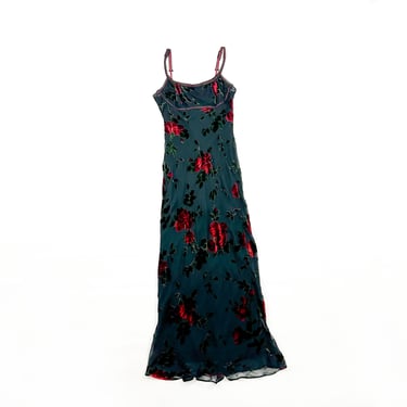 1990s Betsey Johnson Floral Velvet Burnout Maxi Dress / Ribbon Trim / Milkmaid / Scoop Bust / Large / Formal / Overlay / Goth / Romantic / L 