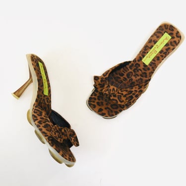 Vintage 90s 00s Y2K Animal Print Rubber High Heels Slides Size 8 1/2 Goffredo Fantini Materia Prima Animal Leopard Print Heel Slide Sandals 