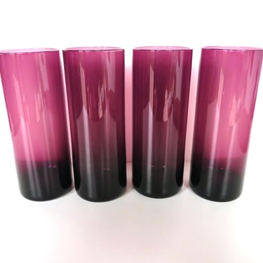 Vintage Hand Blown Modernist Amethyst Glasses, Set of 4 Scandinavian Style Purple Glass Tumblers 