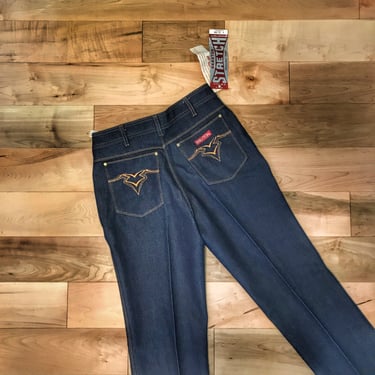 1980s Designer Jeans • NWT • Vintage Stretch Denim • Braxton • Dark Blue Jeans • 32W • Extra Long • European Fit • High Waist • Boot Cut 