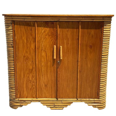 Restored Mid-century Stacked Rattan & Mahogany Armoire 