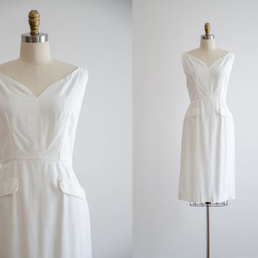 white linen dress | 50s 60s vintage white linen tight sleeveless knee length wiggle dress 