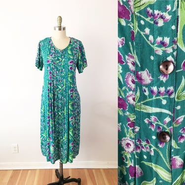 SIZE M Vintage Rayon Floral Midi Dress - Button Up Boho Vintage Teal Dress - Swishy Comfortable Caftan 