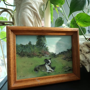 Vintage 1950s Chalk Pastel Dog Artwork – Framed Original Landscape Drawing