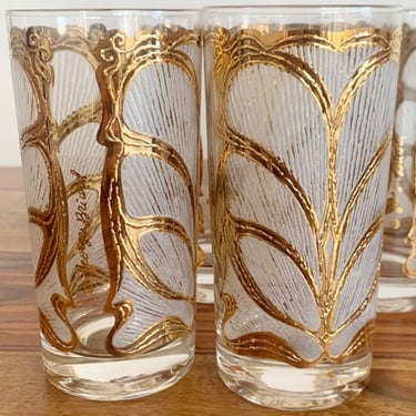Vintage Briard glassware set of 4 highball cocktail glasses in Lotus Gold Ice. Glam textured design, Mid century barware gift for collector 