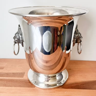 Vintage Sheffield Silverplate Champagne Bucket. Large Silver Wine Cooler with Lion Head Handles. 