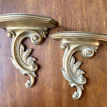 Vintage Wood Floating Shelves Gold Ornate Flourish Mount Trinket Display Shelf | Wall Sconce 