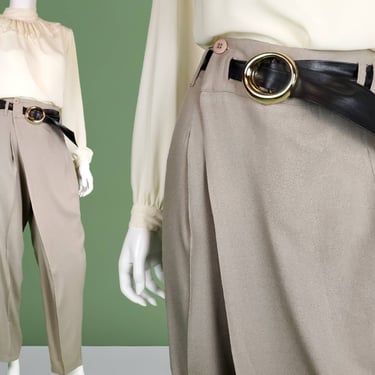 1980s CAVARICCI dress pants. Nostalgic high fashion 80s new wave,  balloon, tapered, cross-over button. Taupe rayon. Iconic chic! (28 x 30) 