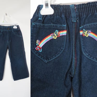 Vintage 90s Does 70s Kids Butterfly Rainbow Embroidered Jeans Size 3T/4T 