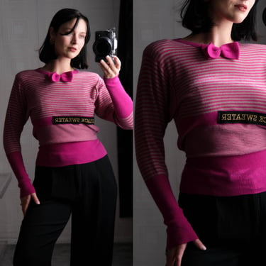 Vintage 80s SONIA RYKIEL PARIS Magenta Bow Collar Striped Statement Quote Crop Tied Waist Sweater | Made in Italy | 1980s Designer Sweater 