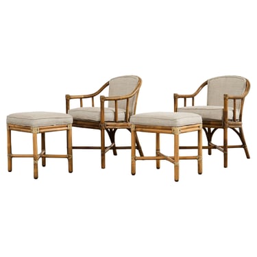 Pair of McGuire Organic Modern Rattan Armchairs and Ottomans