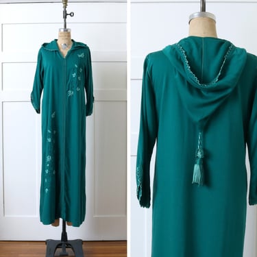 vintage hooded long tunic in bright teal • moroccan djellaba kaftan dress with embroidery & tassel hood 