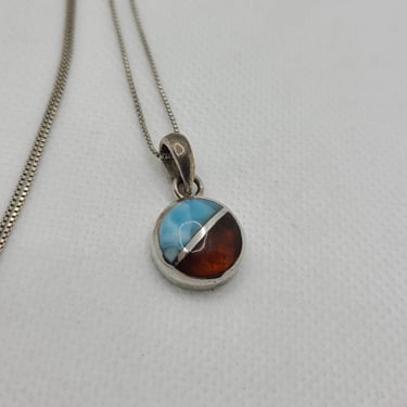 Larimar & Amber(?) Inlay Sterling Silver Round Pendant on a Sterling Silver Chain 