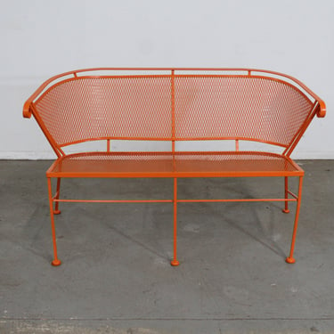 Mid-Century Modern Atomic Orange Salterini Style Outdoor Metal Curved Back Bench 