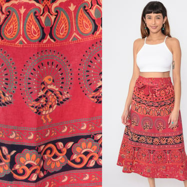 Indian Wrap Skirt 90s Elephant Bird Floral Print Midi Boho 1990s Vintage Hippie High Waist Bohemian Cherry Red Small Medium Large 