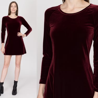 XS 90s Wine Red Velvet Long Sleeve Mini Dress | Vintage Grunge Minimalist Stretchy A Line Scoop Neck Skater Dress 