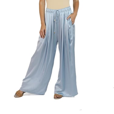 Morphew Collection Ice Blue Silk Charmeuse Oversized Box Pleat Pants 